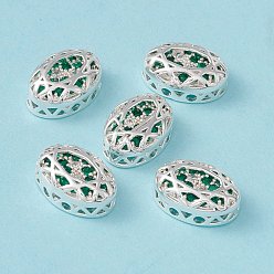 Dark Green Eco-friendly Brass Micro Pave Cubic Zirconia Multi-strand Links, Rack Plating, Cadmium Free & Lead Free, Oval, Silver Color Plated, Dark Green, 12x8x5mm, Hole: 1.2mm