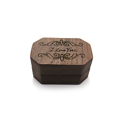 Coconut Brown Wooden Ring Storage Boxes, with Magnetic Flip Cover & Velvet Inside, Octagon with Word I Love You, Coconut Brown, 6x4x3.1cm