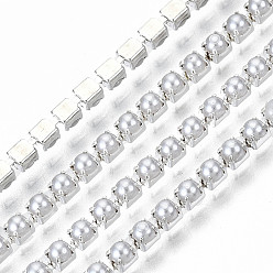 Argent Laiton chaînes de griffe, avec perles en plastique imitation abs, avec bobine, argenterie, ss 6.5, 2~2.1mm, à propos de 10yards / roll (9.14m / roll)