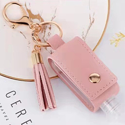 Pink Plastic Hand Sanitizer Bottle with PU Leather Cover, Portable Travel Squeeze Bottle Keychain Holder, Pink, 100x32mm