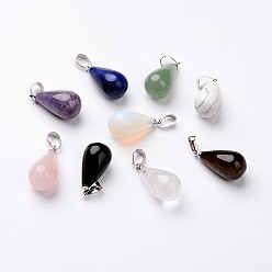 Mixed Stone Teardrop Platinum Tone Brass Natural & Synthetic Mixed Stone Pendants, 24~26x13mm, Hole: 5x8mm