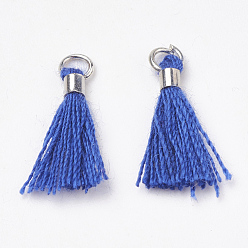Blue Polycotton(Polyester Cotton) Tassel Pendant Decorations, Mini Tassel, with Brass Findings, Platinum, Blue, 10~15x3~4mm, Hole: 2mm