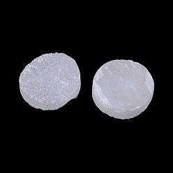 White Electroplate Natural Druzy Crystal Cabochons, Flat Round, Dyed, White, 10x3~6mm
