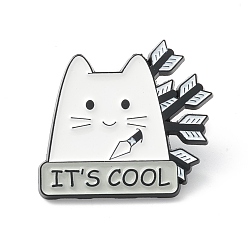 White Word It's Cool Alloy Brooch, Cat with Arrow Lapel Pin for Backpack Clothes, Electrophoresis Black, White, 26x28x2mm, Pin: 1mm