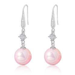 Pink Pendientes de perlas con zirconia cúbica, pendientes de gancho colgantes de perla de concha de agua dulce blanca, pendientes de aro de gota de bola redonda, regalo de joyería de latón para mujer, rosa, 42.5x12 mm, pin: 0.8 mm
