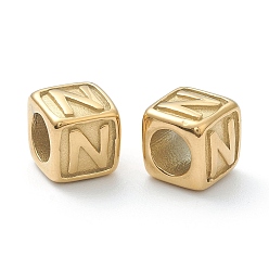 Letter N 304 Stainless Steel European Beads, Large Hole Beads, Horizontal Hole, Cube with Letter, Golden, Letter.N, 8x8x8mm, Hole: 4mm