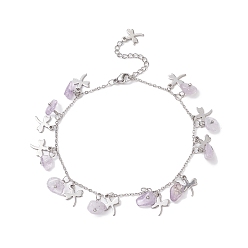 Amethyst Natural Amethyst Chips & Dragonfly Charms Anklet, 304 Stainless Steel Jewelry for Women, 9~9-1/8 inch(22.8~23cm)
