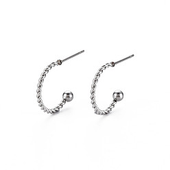 Stainless Steel Color 304 Stainless Steel C-shape Stud Earrings, Twist Rope Half Hoop Earrings for Women, Stainless Steel Color, 19x14x3mm, Pin: 0.8mm