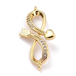 Golden Bras Micro Pave Clear Cubic Zirconia Links Connectors, Long-Lasting Plated, Infinity with Heart & Arrow, Golden, 14x28.5x4mm, Hole: 1mm