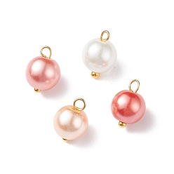 Light Salmon Glass Pearl Pendants, with Golden Plated Brass Findings, Round, Light Salmon, 11x8.5mm, Hole: 2mm