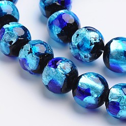 Синий Ручной серебряная фольга Стеклянные круглые бусины, синие, 10 мм, отверстие : 1 мм