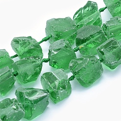 Green Glass Beads Strands, Nuggets, Green, 19~32x16~28x6~18mm, Hole: 3mm, about 15~18pcs/strand, 16.5~18.1 inch(42~46cm)