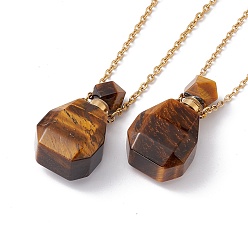 Tiger Eye Openable Faceted Natural Tiger Eye Perfume Bottle Pendant Necklaces for Women, 304 Stainless Steel Cable Chain Necklaces, Golden, 18.50 inch(47cm)