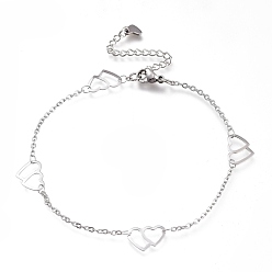 Stainless Steel Color 304 Stainless Steel Cable Chain Anklets, with Double Heart Links and Lobster Claw Clasps, Stainless Steel Color, 9-1/8 inch(23cm)