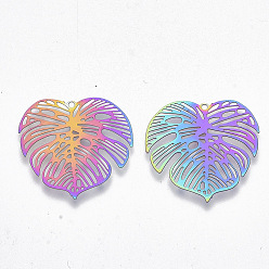 Rainbow Color Placage ionique (ip) 201 pendentifs en filigrane en acier inoxydable, embellissements en métal gravé, charmes de feuilles tropicales, feuille de monstera, couleur arc en ciel, 26x26x0.3mm, Trou: 1.2mm