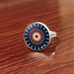 Purple Glass Mandala Flower Finger Ring, Platinum Brass Flat Round Signet Ring for Women, Purple, US Size 8(18.1mm)