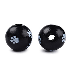 Noir Perles de bois peintes par pulvérisation, perles imprimées, ronde, noir, 15~16x14~15mm, Trou: 3~4mm