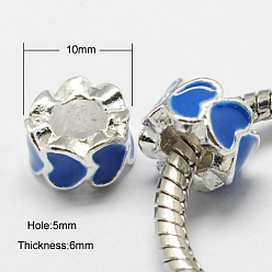 Royal Blue Alloy Enamel European Beads, Large Hole Beads, Column, Silver Color Plated, Royal Blue, 10x6mm, Hole: 5mm