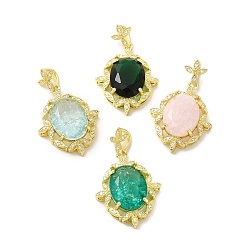 Mixed Color Rack Plating Brass & Crushed Ice Cut Cubic Zirconia Pendants, with Rhinestone, Real 14K Gold Plated, Cadmium Free & Lead Free, Oval with Leaf Charm, Mixed Color, 28.5x22x7mm, Hole: 7x4mm