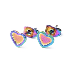 Rainbow Color Chapado de iones (ip) 304 fornitura de arete de acero inoxidable, monturas de aretes, corazón, color del arco iris, Bandeja: 5x6 mm, 6.8x7.7 mm, pin: 0.8 mm