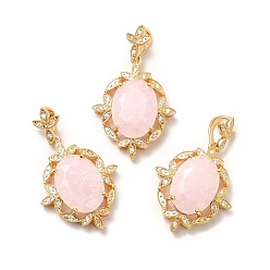 Pink Rack Plating Brass & Crushed Ice Cut Cubic Zirconia Pendants, with Rhinestone, Real 14K Gold Plated, Cadmium Free & Lead Free, Oval with Leaf, Pink, 27x22.5x7.5mm, Hole: 7.5x3.5mm