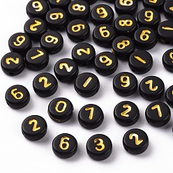 Black Opaque Black Acrylic Beads, Metal Enlaced, Flat Round with Golden Number, Black, 7x3.5mm, Hole: 1.2mm, about 4000pcs/500g