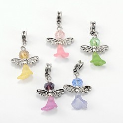 Mixed Color Lovely Wedding Dress Angel Alloy European Dangle  Large Hole Pendants, with Glass Beads and Transparent Acrylic Beads, Mixed Color, 38mm, Hole: 5mm