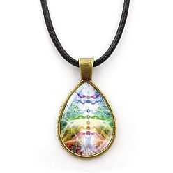 Colorful Yoga Theme Alloy Teardrop Pendant Necklace with Wax Rope for Women, Colorful, 16.93 inch(43cm)