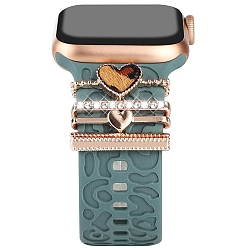 Cœur Ensemble de charmes de bracelet de montre en alliage de strass, Boucles d'anneau décoratives pour bracelet de montre, cœur, Diamètre intérieur: 2.1x0.3 cm, 5 pièces / kit