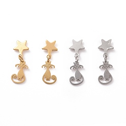 Mixed Color 304 Stainless Steel Cat with Star Dangle Stud Earrings for Women, Mixed Color, 25.5mm, Pin: 0.8mm
