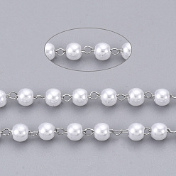 Platinum Handmade ABS Plastic Imitation Pearl Beaded Chains, Soldered, with 304 Stainless Steel Chain and Spool, Creamy White, Platinum, Link: 2.5x1.5x0.3mm, about 65.61 Feet(20m)/roll
