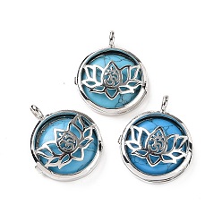 Synthetic Turquoise Synthetic Turquoise Locket Pendants, Flat Round Charms, with Platinum Plated Brass Lotus Findings, 31.5x27x9mm, Hole: 4.6mm