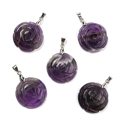 Amethyst Natural Amethyst Pendants, with Platinum Tone Brass Findings, Flat Round with Rose Pattern, 32x25x8mm