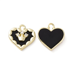 Black Alloy Micro Pave Cubic Zirconia Pendants, with Resin, Light Gold, Heart with Crown, Black, 19x18x4mm, Hole: 2.5x4mm