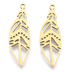 Golden 201 Stainless Steel Pendants, Filigree Joiners Findings, Laser Cut, Feather, Golden, 33x10x1mm, Hole: 1.6mm