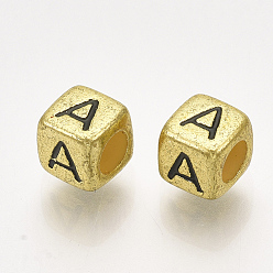 Letter A Acrylic Beads, Horizontal Hole, Metallic Plated, Cube with Letter.A, 6x6x6mm, 2600pcs/500g