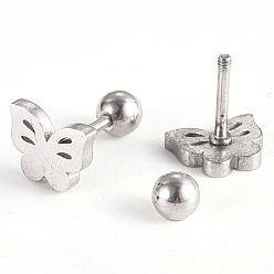 Stainless Steel Color 201 Stainless Steel Barbell Cartilage Earrings, Screw Back Earrings, with 304 Stainless Steel Pins, Butterfly, Stainless Steel Color, 6.5x8x2mm, Pin: 1mm