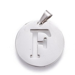 Letter F 201 Stainless Steel Pendants, Flat Round with Letter, Stainless Steel Color, Letter.F, 24.5x19.7x1.3mm, Hole: 4x3mm