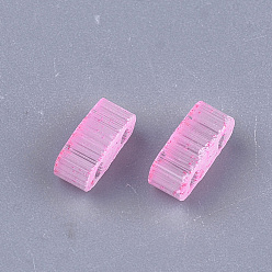 Hot Pink 2-Hole Glass Seed Beads, Imitation Cat Eye, Rectangle, Hot Pink, 4.5~5.5x2x2~2.5mm, Hole: 0.5~0.8mm