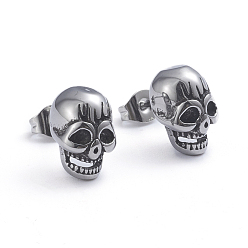 Antique Silver Retro 304 Stainless Steel Stud Earrings, with Ear Nuts, Skull, Antique Silver, 12x8.8mm, Pin: 0.7mm