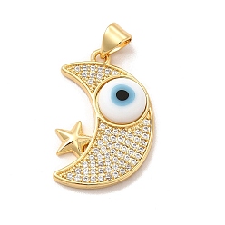 White Rack Plating Brass Micro Pave Clear Cubic Zirconia Pendants, with Handmade Evil Eye Lampwork, Cadmium Free & Lead Free, Long-Lasting Real 18K Gold Plated, Moon with Star Charm, White, 25x16.5x4mm, Hole: 5x3.5mm