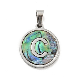 Letter C 304 Stainless Steel with Paua Shell Pendants, Stainless Steel Color, Flat Round with Letter Charm, Letter.C, 18x16x1.5mm, Hole: 3x6mm