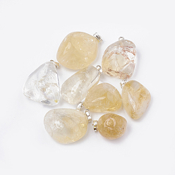 Citrine Natural Citrine Pendants, with Brass Findings, Nuggets, Platinum, 19~28x14~23x10~17mm, Hole: 5.5x2mm