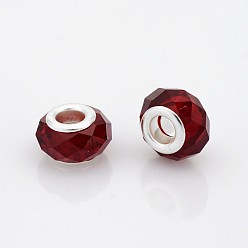 Rouge Foncé Verre à facettes perles européennes, perles de rondelle avec grand trou , avec des noyaux de laiton de ton argent, rouge foncé, 14x9mm, Trou: 5mm