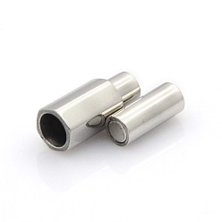 Stainless Steel Color 304 Stainless Steel Smooth Surface Magnetic Clasps with Glue-in Ends Fit 4mm Cords, Hexagonal Prisms, Stainless Steel Color, 18x8x7mm