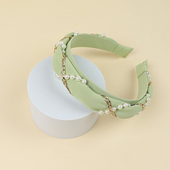 Light Green Cloth Hair Bands, with Plastic Pearl & Alloy Chains, Hair Accessories for Women Girls, Light Green, 30mm, Inner Diameter: 140x160mm