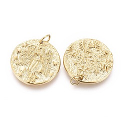 Golden Ion Plating(IP) 304 Stainless Steel Pendants, with Jump Rings, Textured, Double Sided Pattern, Flat Round with Angel, Golden, 16x2mm, Hole: 2.6mm