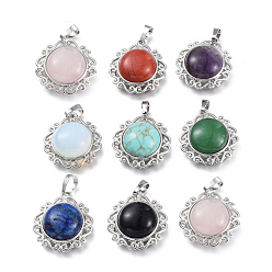 Mixed Stone Mixed Gemstone Pendants, with Brass Settings and Bails, Half Round, Platinum, 27x24.5x9~10mm, Hole: 5x8mm