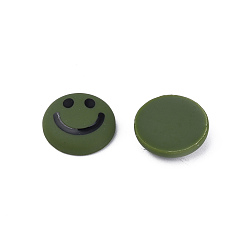 Dark Olive Green Acrylic Enamel Cabochons, Flat Round with Smiling Face Pattern, Dark Olive Green, 20x6.5mm