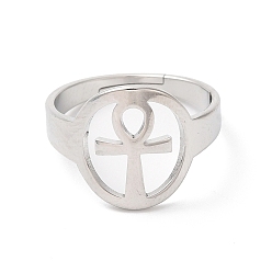 Stainless Steel Color 304 Stainless Steel Hollow Ankh Corss Adjustable Ring for Women, Stainless Steel Color, Inner Diameter: 17mm